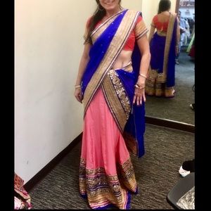 SOLD!   Gorgeous Coral & Blue Lehenga Choli Set with Dupatta Saree